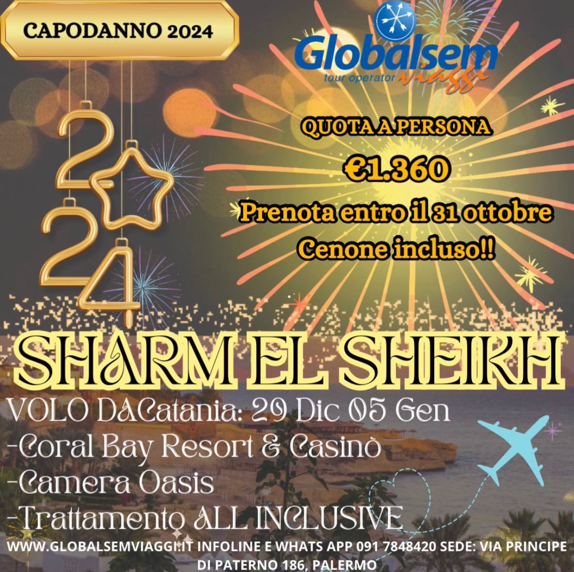 Capodanno SHARM EL SHEIKH 2024...PARTENZA DA CATANIA, dal 29 DIC al 5 GEN 2024