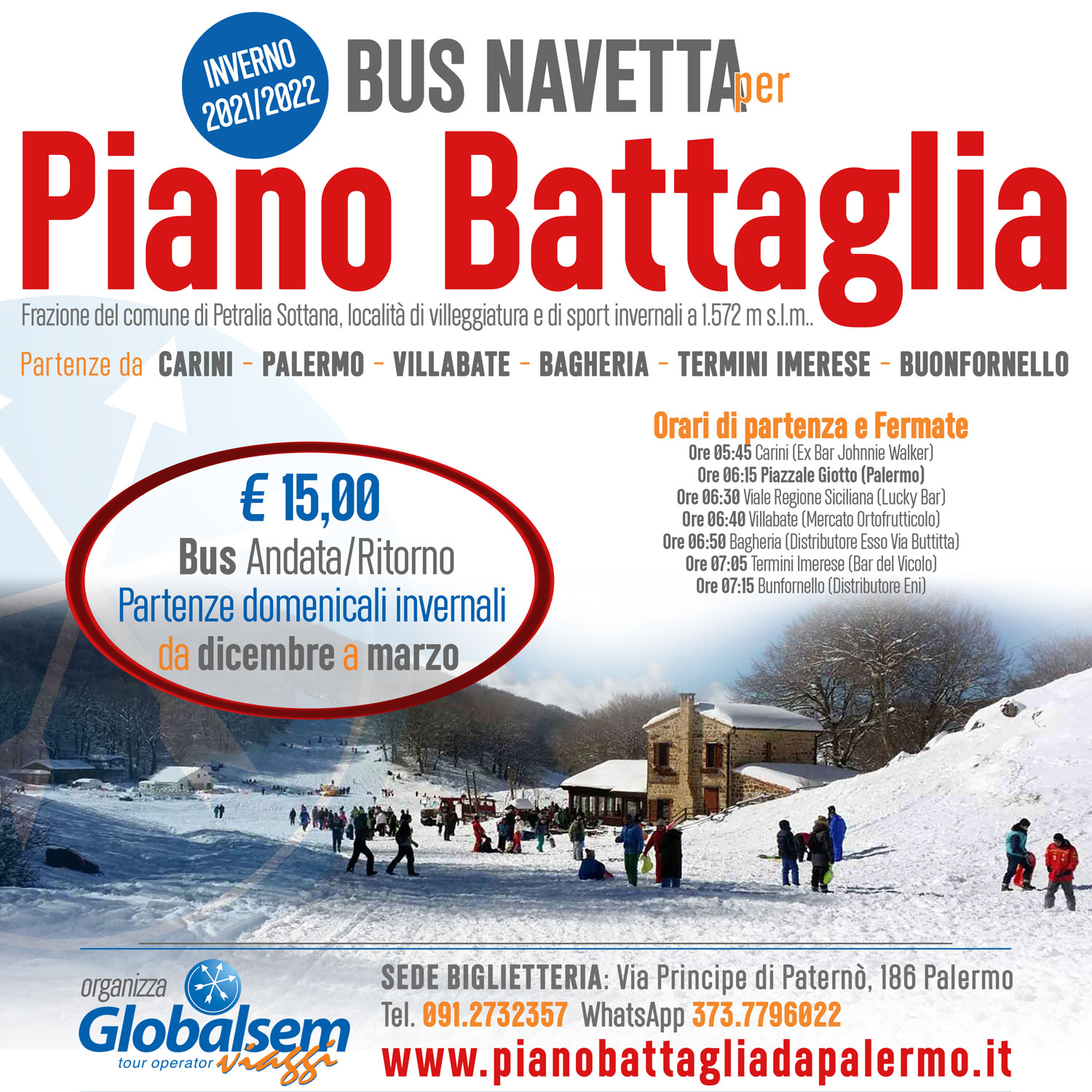 Servizio BUS NAVETTA per PIANO BATTAGLIA da PALERMO - Offerta INVERNO 2021/2022