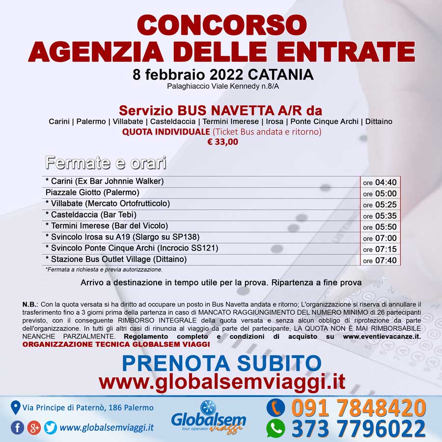 Bus Navetta per il concorso Agenzia delle Entrate c/o il Palaghiaccio di Catania 8 febbraio 2022