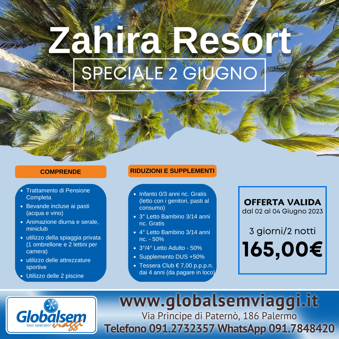 Offerta PONTE 2 GIUGNO 2023 ZAHIRA RESORT - Campobello di Mazara - Trapani - Sicilia