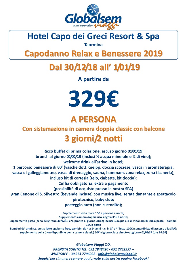 CAPODANNO 2019 Relax e benessere all'Hotel Parco dei Greci - Taormina (ME)