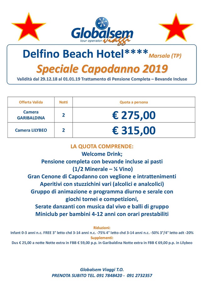 CAPODANNO 2019 Speciale Delfino Beach Hotel**** - Marsala (TP) 