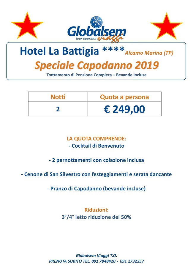 CAPODANNO 2019  all'Hotel la Battigia**** - Alcamo Marina (TP)
