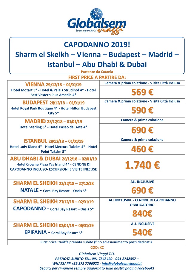 CAPODANNO 2019 SHARM el Skeikh - Vienna - BUDAPEST - Madrid - ISTANBUL - Abu Dhabi - DUBAI