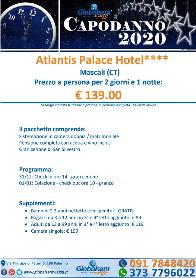 Capodanno 2020 ATLANTIS Palace HOTEL, Mascali (Catania)