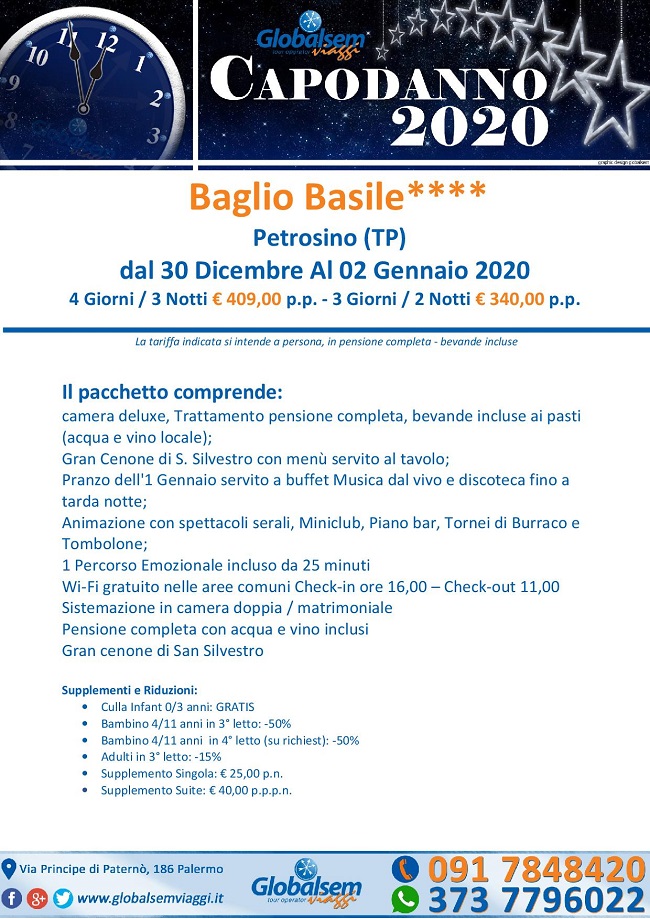CAPODANNO 2020 Hotel Baglio Basile**** Petrosino (Trapani) - Sicilia