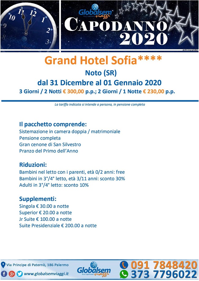 CAPODANNO 2020 Gran Hotel Sofia**** Noto (SIRACUSA) - Sicilia