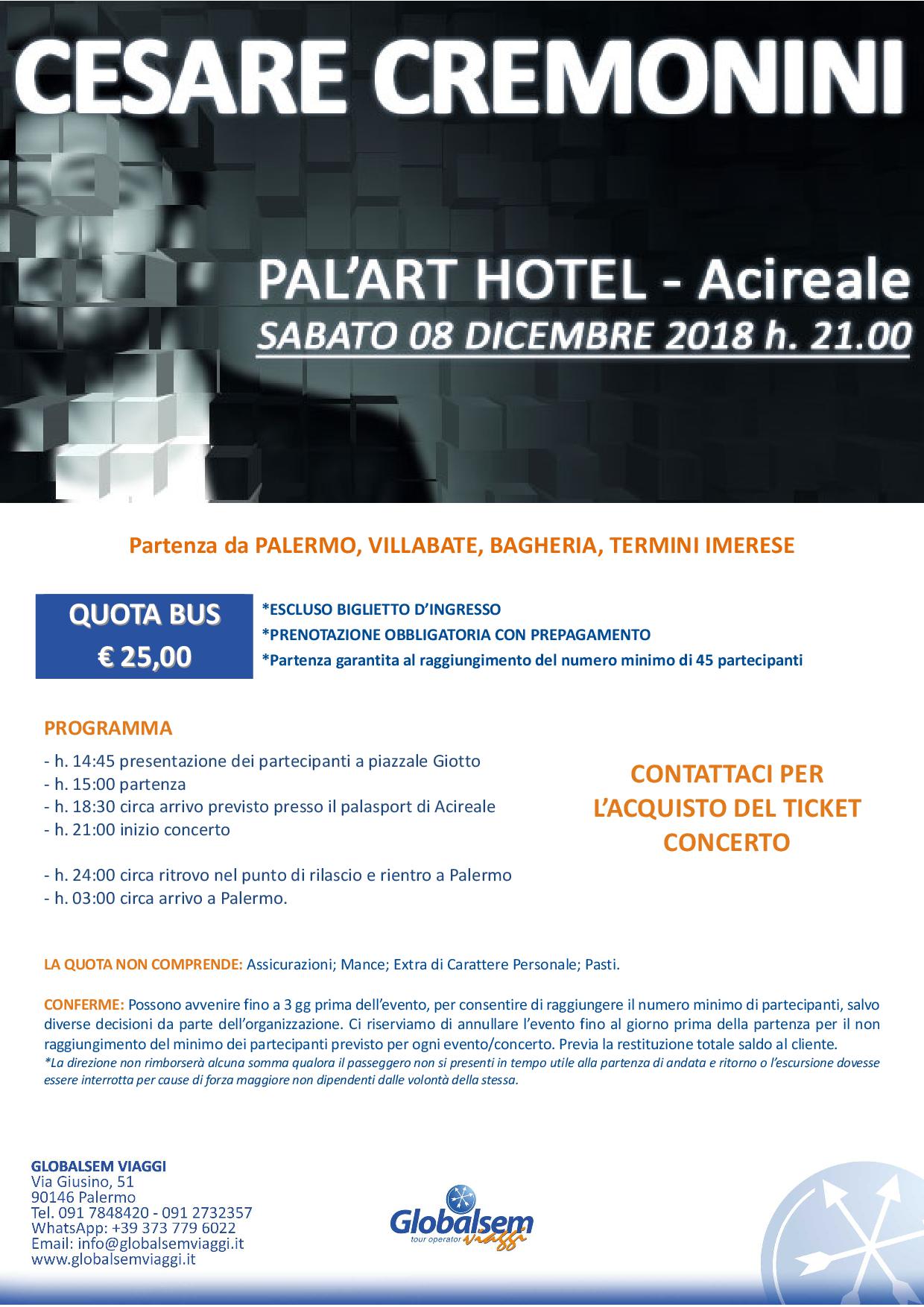 Cesare CREMONINI in CONCERTO dicembre 2018 PALASPORT Acireale (CT) Pullman da Palermo