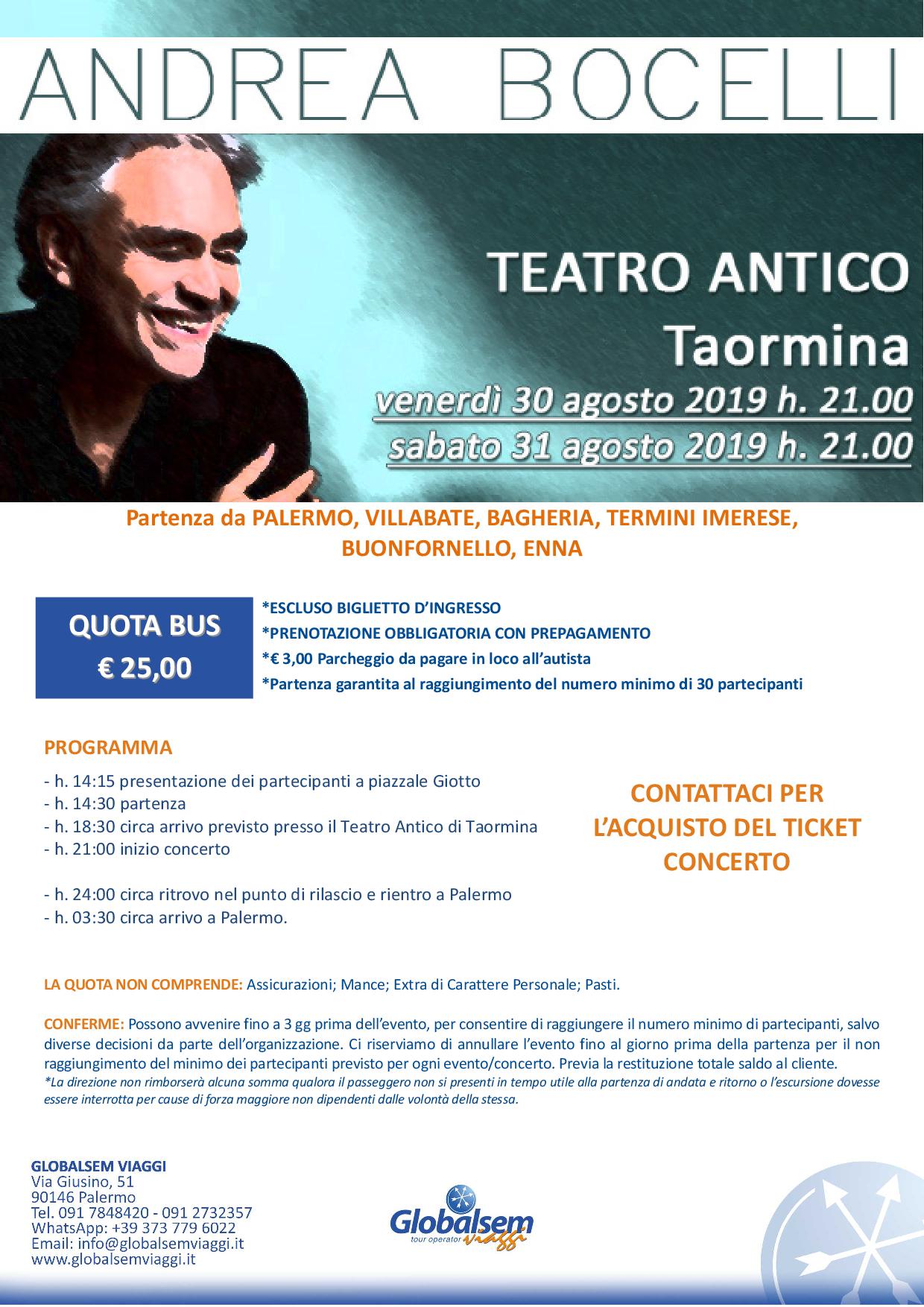 Andrea Bocelli concerto a Taormina in bus da Palermo 30 e 31 agosto 2019