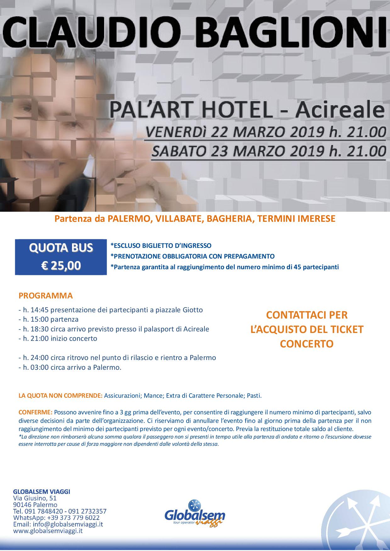 Claudio BAGLIONI in CONCERTO marzo 2019 PALASPORT Acireale (CT) Pullman da Palermo