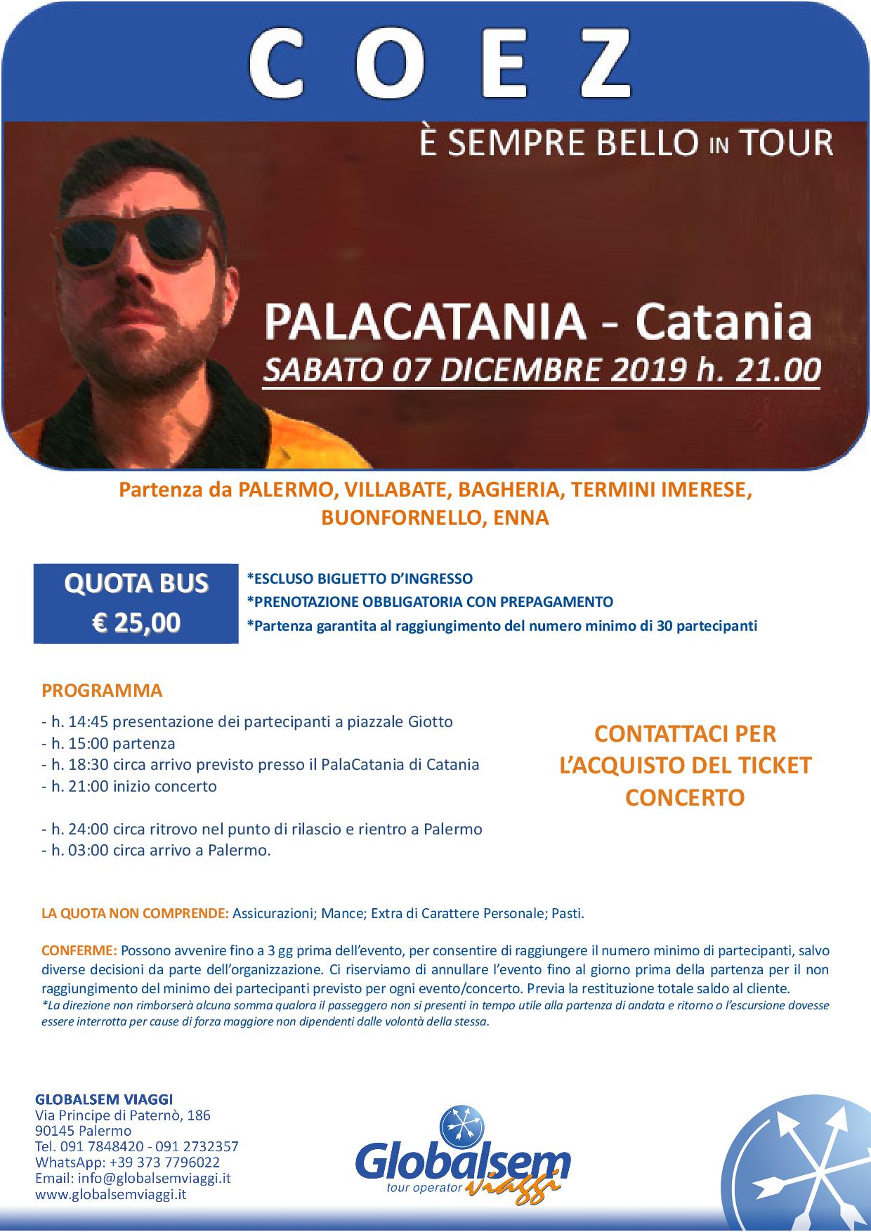 COEZ in concerto a Catania il 7 dicembre 2019 con Bus da Palermo ad € 25 a persona