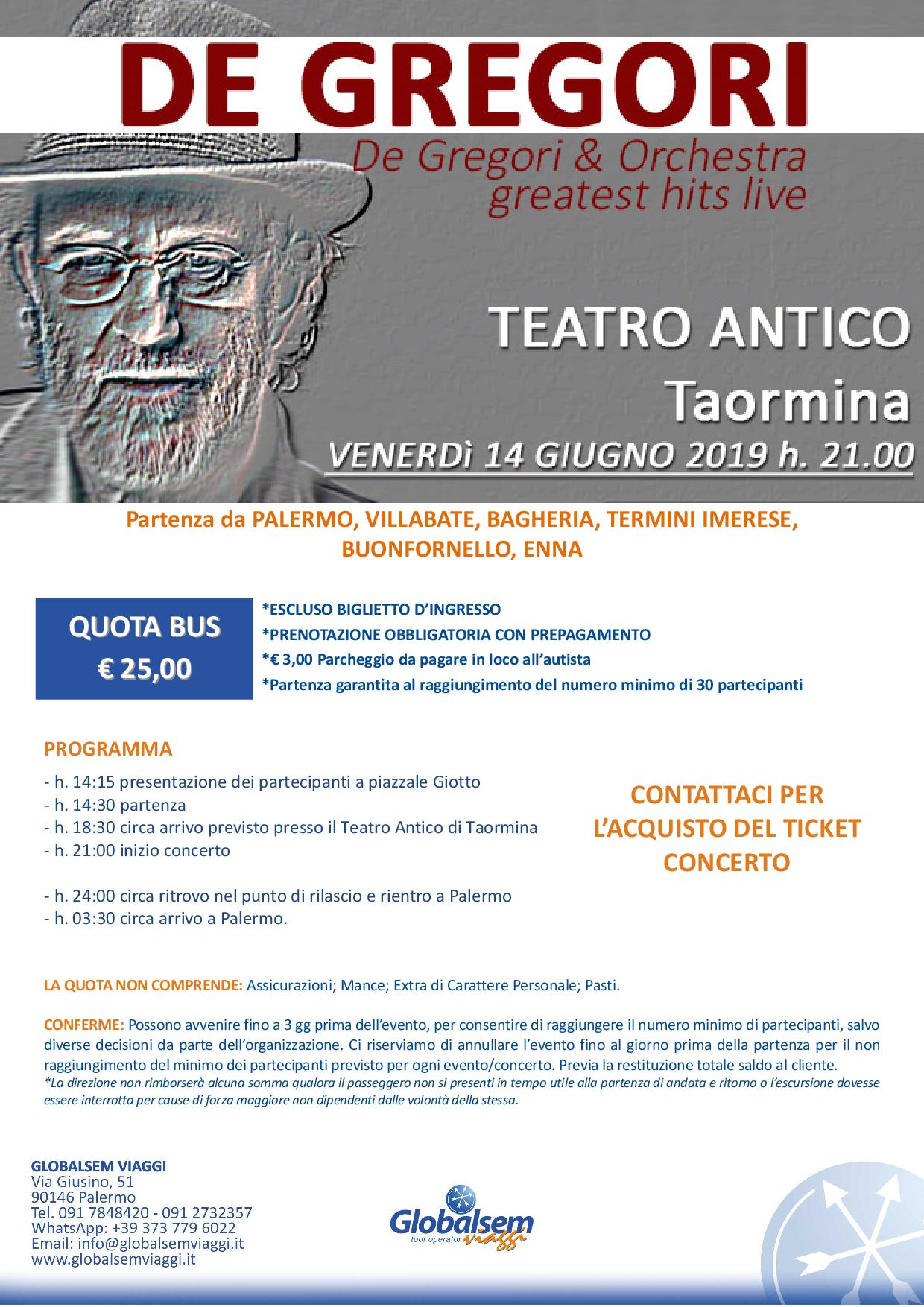 Francesco De Gregori & Orchestra greatest hits live in concerto a Taormina da Palermo, Villabate, Bagheria, Casteldaccia, Termini Imerese, Buonfornello, Enna