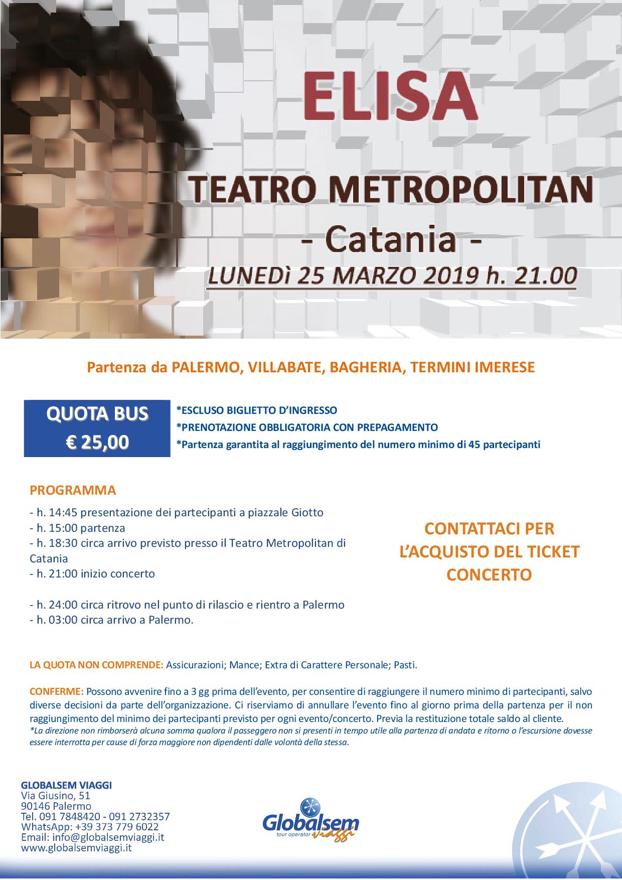 ELISA in CONCERTO marzo 2019 METROPOLITAN Catania Pullman da Palermo