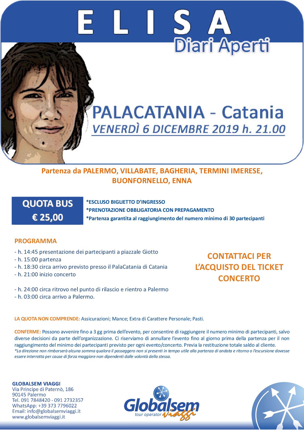 Elisa in concerto a Catania, partenza da Palermo in bus 6 dicembre 2019