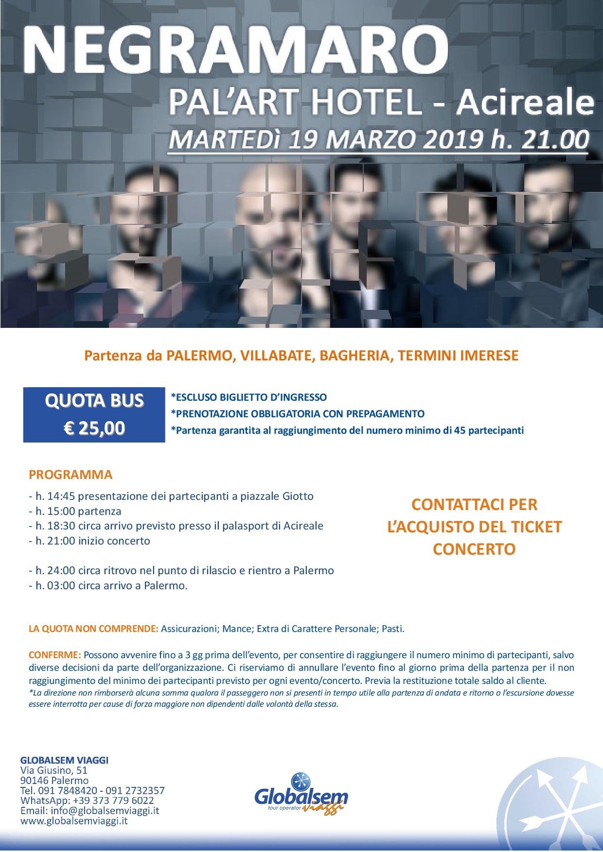 NEGRAMARO in CONCERTO marzo 2019 PALASPORT Acireale (CT) Pullman da Palermo