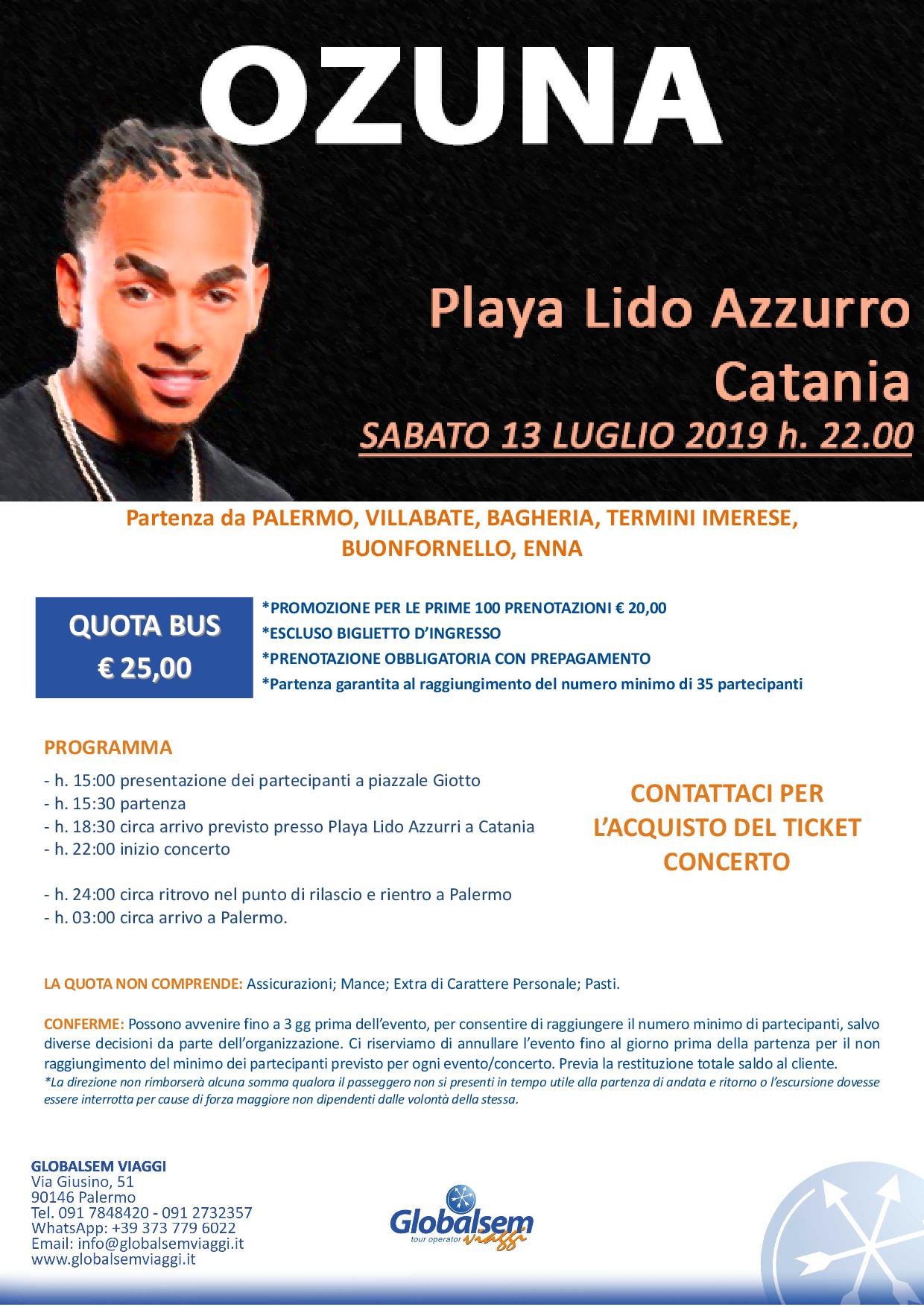 Bus per Ozuna in concerto a Catania il 13 luglio 2019 da Palermo, Villabate, Bagheria, Casteldaccia, Termini Imerese.