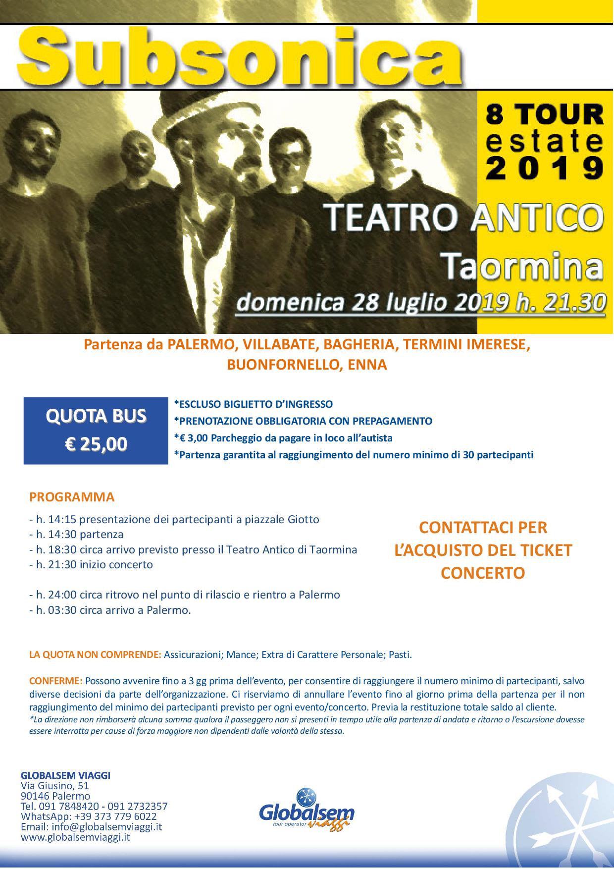 Subsonica in concerto a Taormina il 27 luglio 2019 - Bus da Palermo € 25.