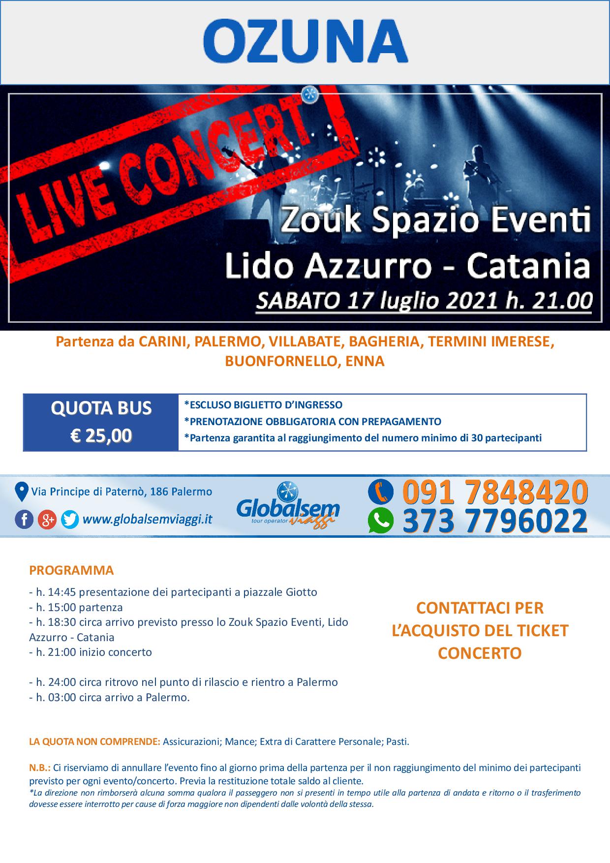 OZUNA in Concerto a Catania il 17 luglio 2021. Bus da Carini, Palermo, Villabate, Bagheria, Casteldaccia, Termini Imerese
