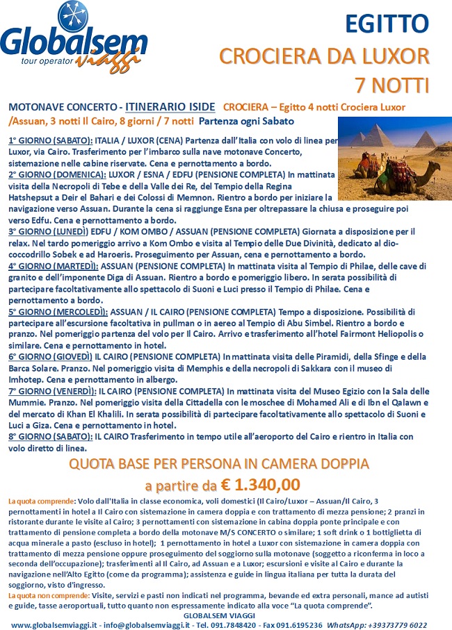 Crociera EGITTO 2018 Motonave Concerto Itinerario ISIDE.
