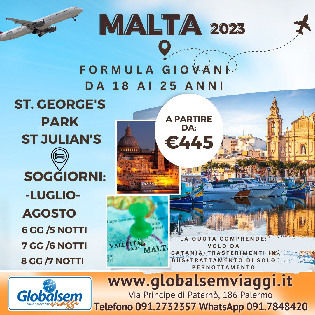 ESTATE 2023-MALTA, da Catania-FORMULA GIOVANI, 18/25 anni. Quest'estate parti con noi a Malta!
