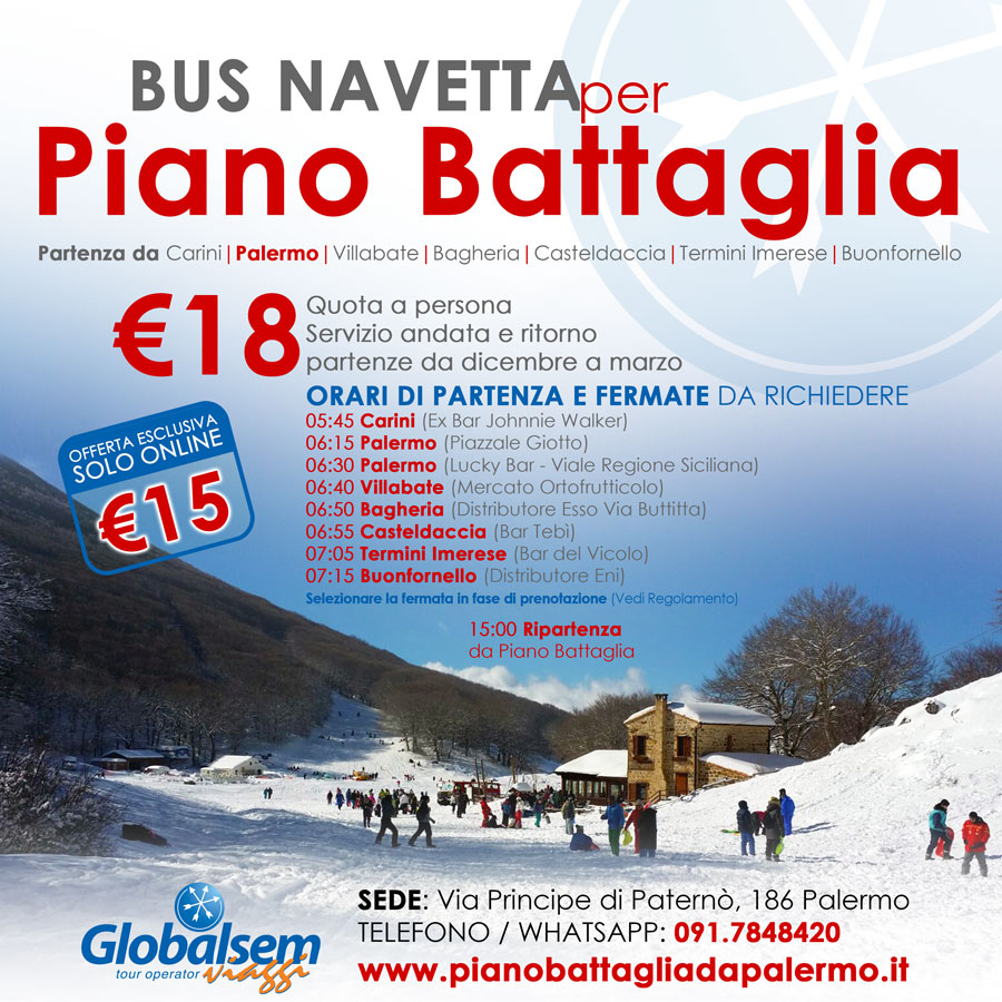 Offerta INVERNO 2023/2024 - Servizio BUS NAVETTA per PIANO BATTAGLIA da PALERMO. Quest'inverno, vieni in montagna con noi!