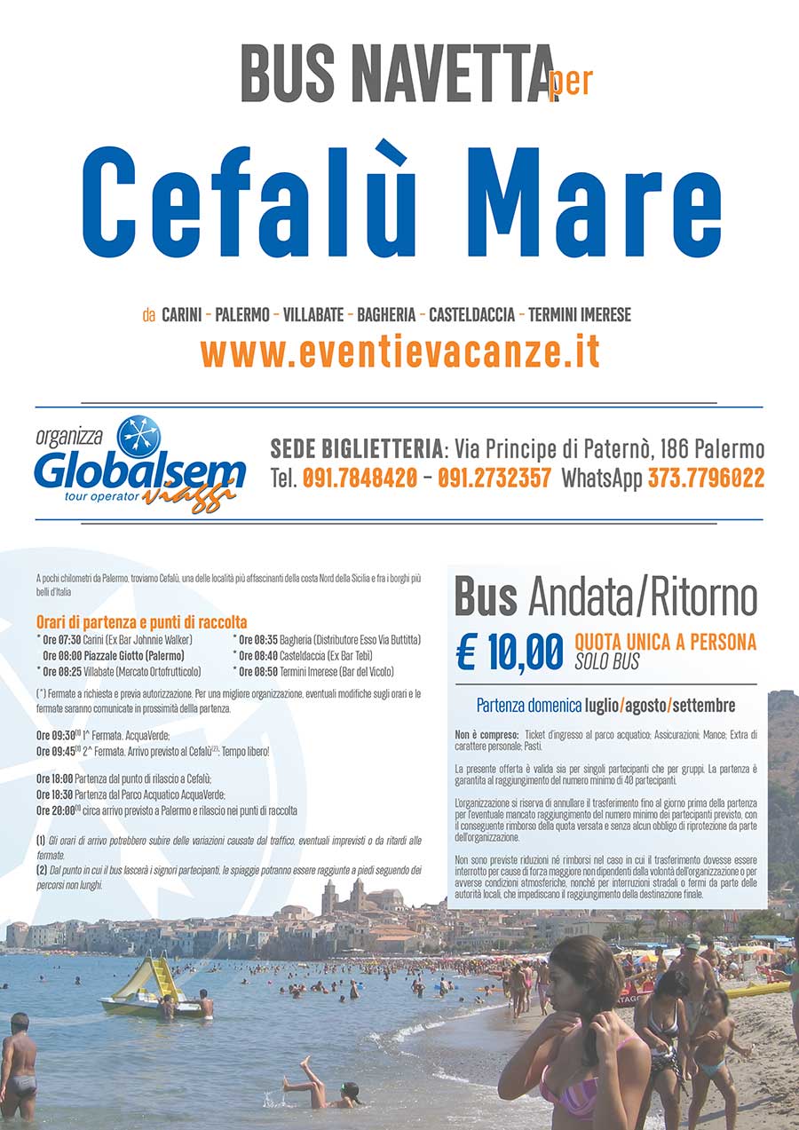 Cefalù Mare in Bus da Carini, Palermo, Villabate, Bagheria, Casteldaccia e Termini Imerese ogni domenica ad € 10. 