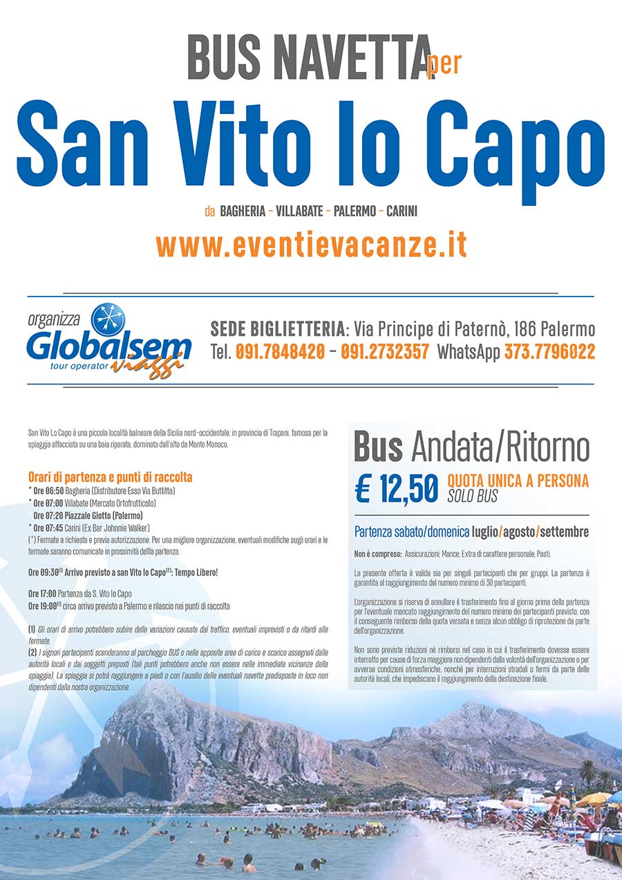 Bus per San Vito lo Capo con partenza da Bagheria, Villabate, Palermo e Carini