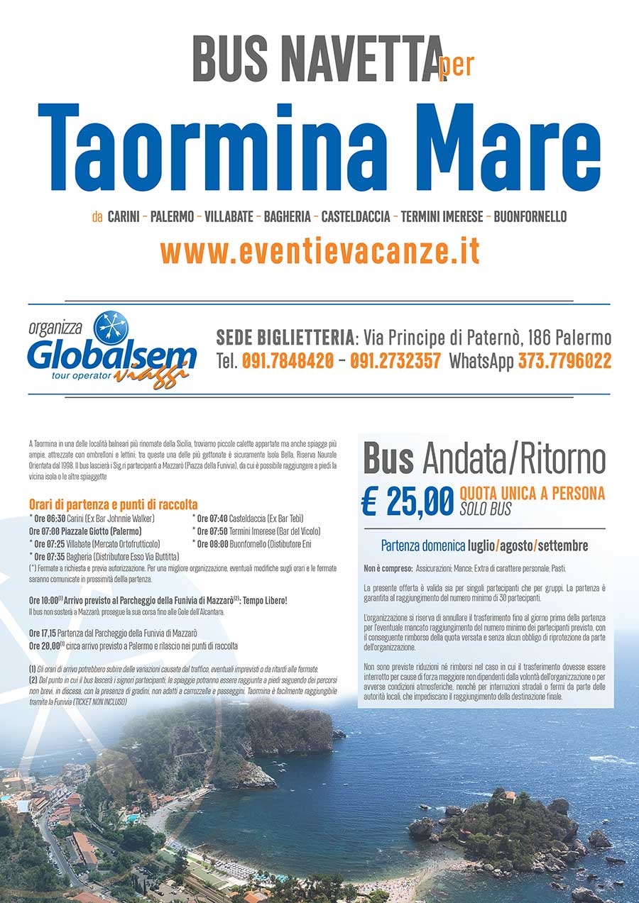 Taormina Mare in Bus da Carini, Palermo, Villabate, Bagheria, Casteldaccia, Termini, Buonfornello € 25