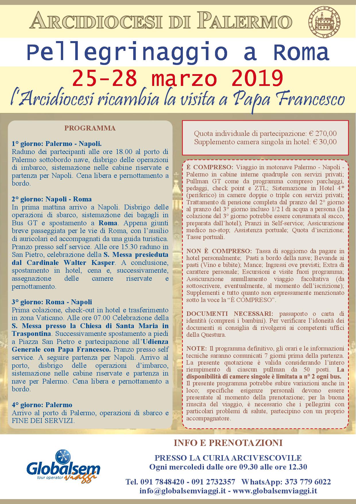 Pellegrinaggio a Roma dal 25 al 28 marzo 2019, la Diocesi di Palermo ricambia la visita a Papa Francesco
