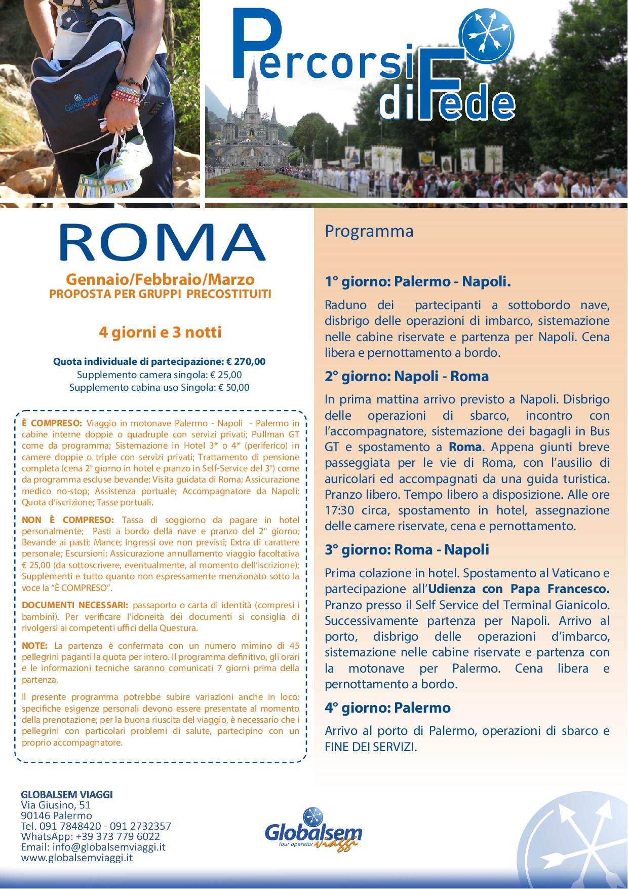 Roma Pellegrinaggio da 4 giorni da Palermo ad € 270