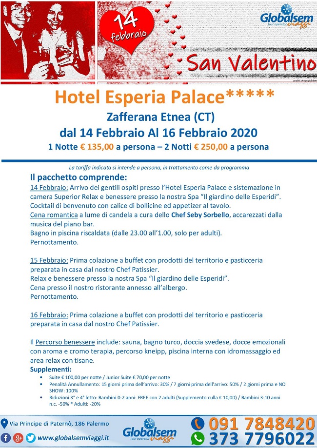 SAN VALENTINO 2020 HOTEL ESPERIA PALACE, Zafferana Etnea, CATANIA, Sicilia