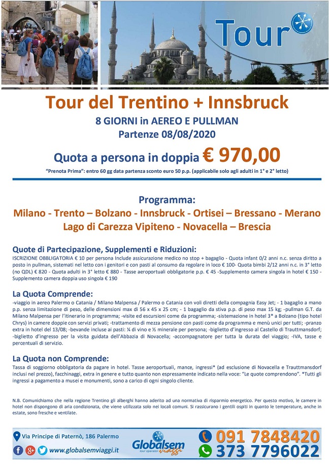 Tour TRENTINO partenza da Palermo OFFERTA 2020