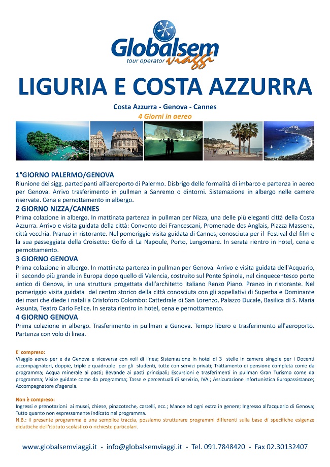 LIGURIA SCUOLE 4 GIORNI Costa Azzurra Genova Cannes con Globalsem Viaggi
